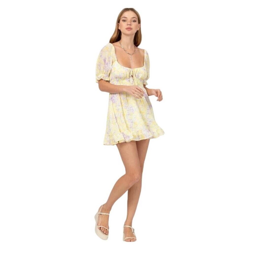 HYFVE Watercolor Floral Babydoll Dress Purple and‎ Yellow EUC Size Small